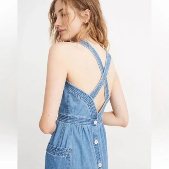 Madewell Denim Apron Midi Dress Button Pockets Size 0 - Picture 2 of 3